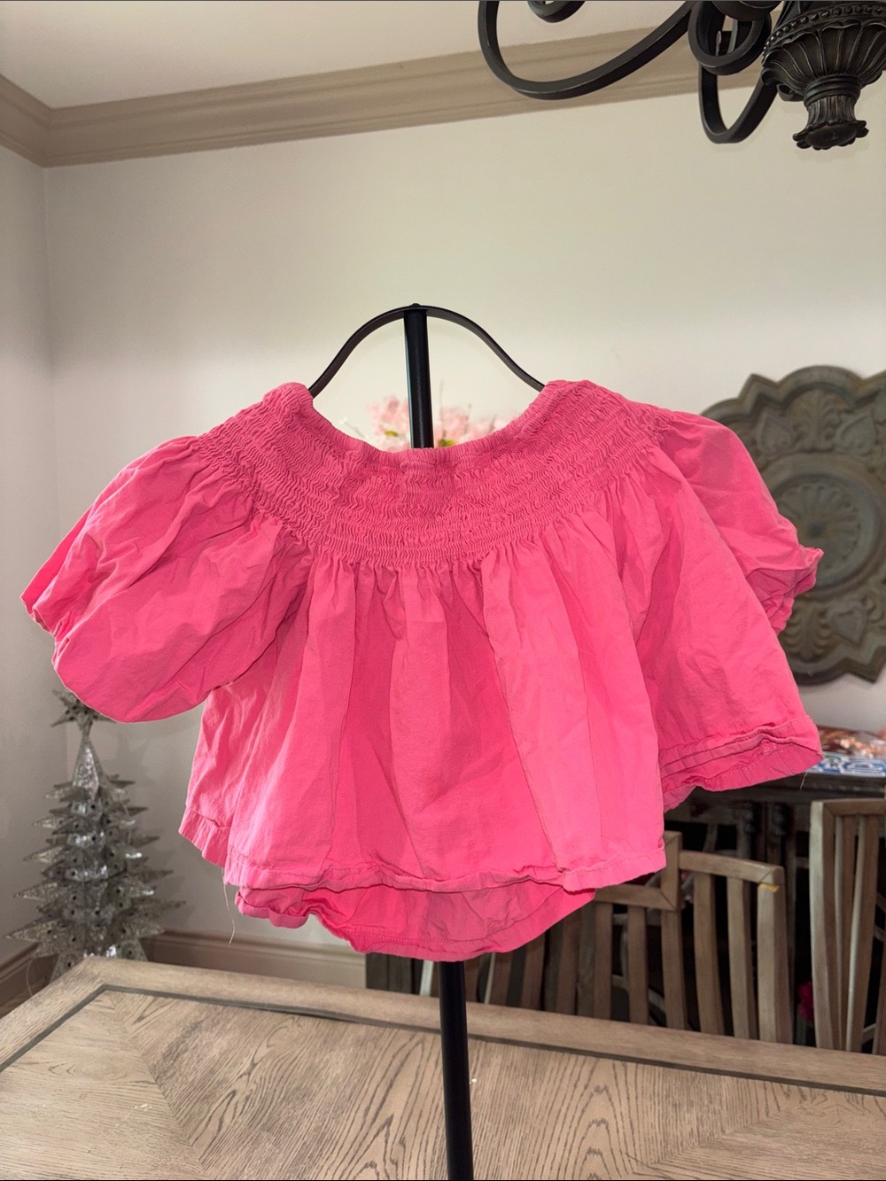Zara Hot Pink Smocked Off-Shoulder Puff Sleeve Top